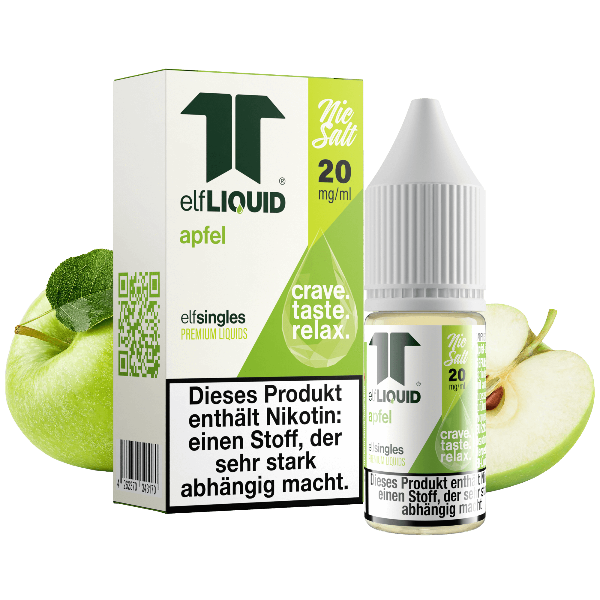 Elf-Liquid Nikotinsalz 10mg Apfel 10ml Flasche mit Apfel im Hintergrund