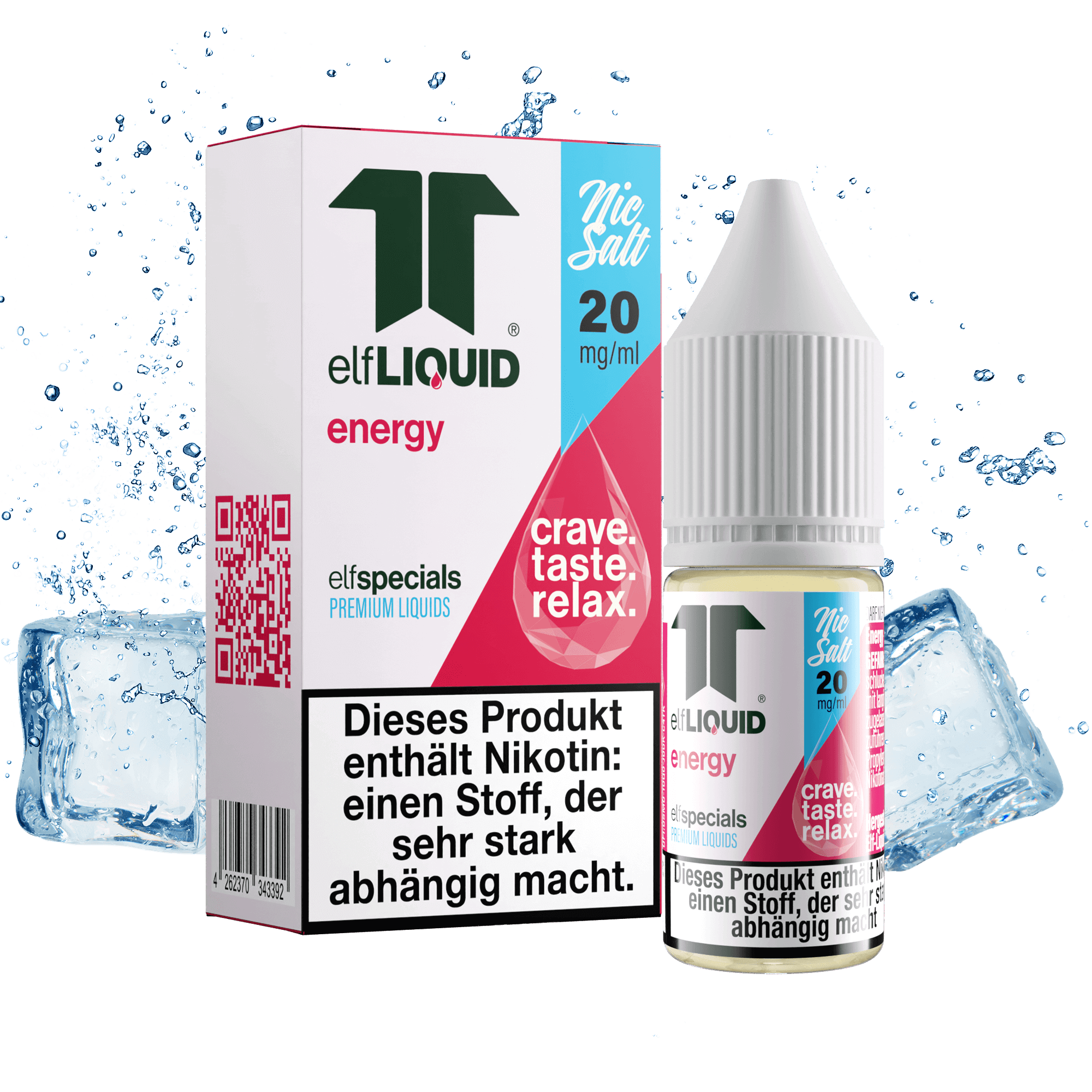 Elf-Liquid 20mg Nikotinsalz Energy 10ml Flasche mit blauen Eiswürfeln