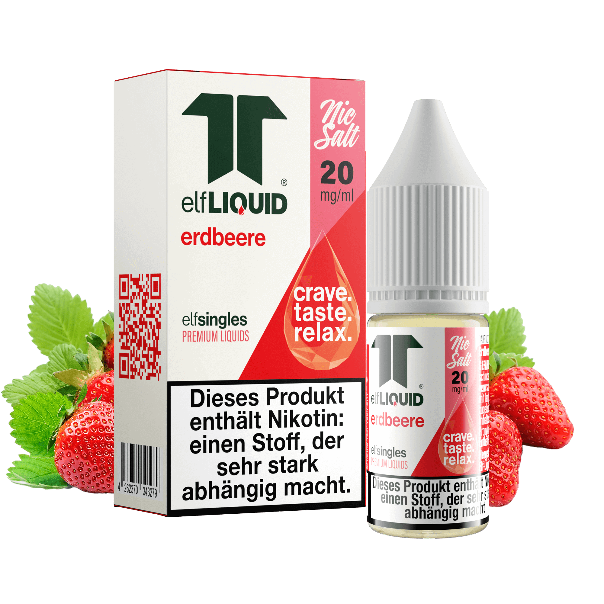 Elf-Liquid Nikotinsalz 20mg Erdbeere 10ml Flasche mit Erdbeeren im Hintergrund