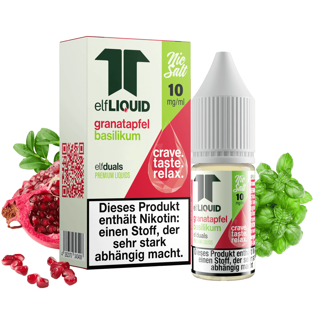 Elf-Liquid Nikotinsalz 10mg Granatapfel-Basilikum 10ml Flasche mit Granatapfel und Basilikum