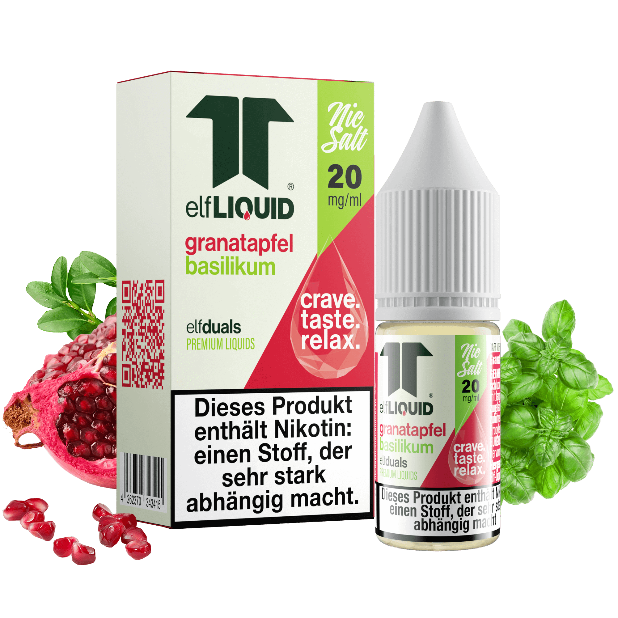 Elf-Liquid Nikotinsalz 20mg Granatapfel-Basilikum 10ml Flasche mit Granatapfel und Basilikum