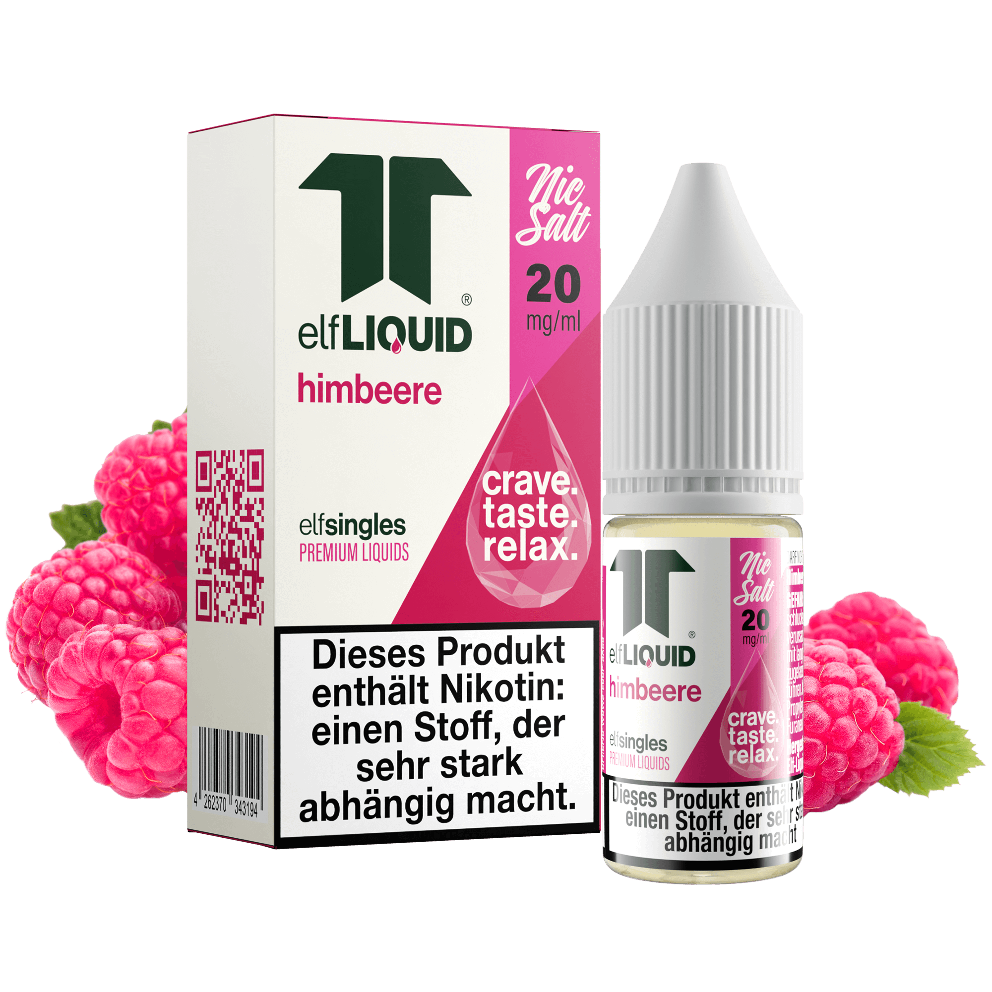 Elf-Liquid Nikotinsalz 20mg Himbeere 10ml Flasche mit frischen Himbeeren