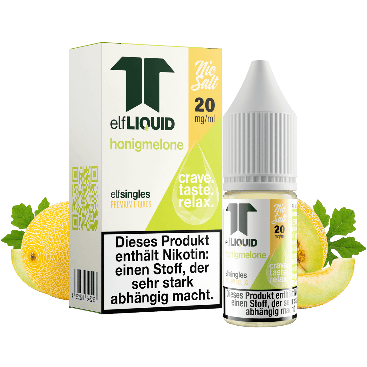 Elf-Liquid Nikotinsalz 20mg Honigmelone 10ml Flasche mit Melonenstücken