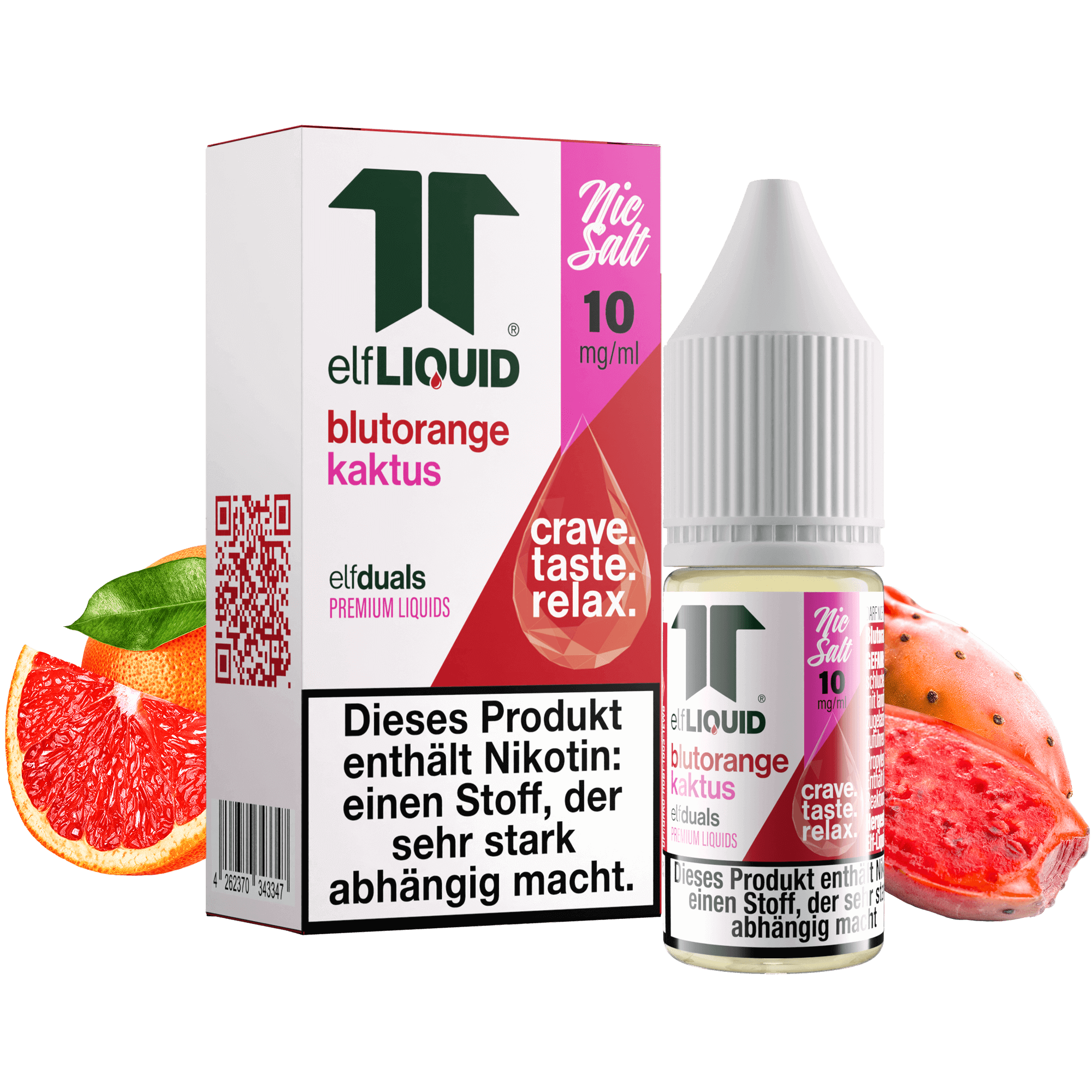 Elf-Liquid Nikotinsalz 10mg Kaktus-Blutorange 10ml Flasche mit Kakteen und Orangenscheiben