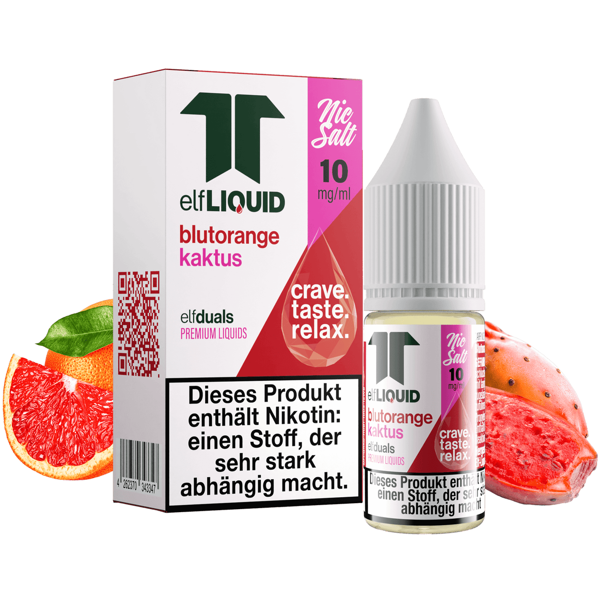 Elf-Liquid Nikotinsalz 10mg Kaktus-Blutorange 10ml Flasche mit Kakteen und Orangenscheiben