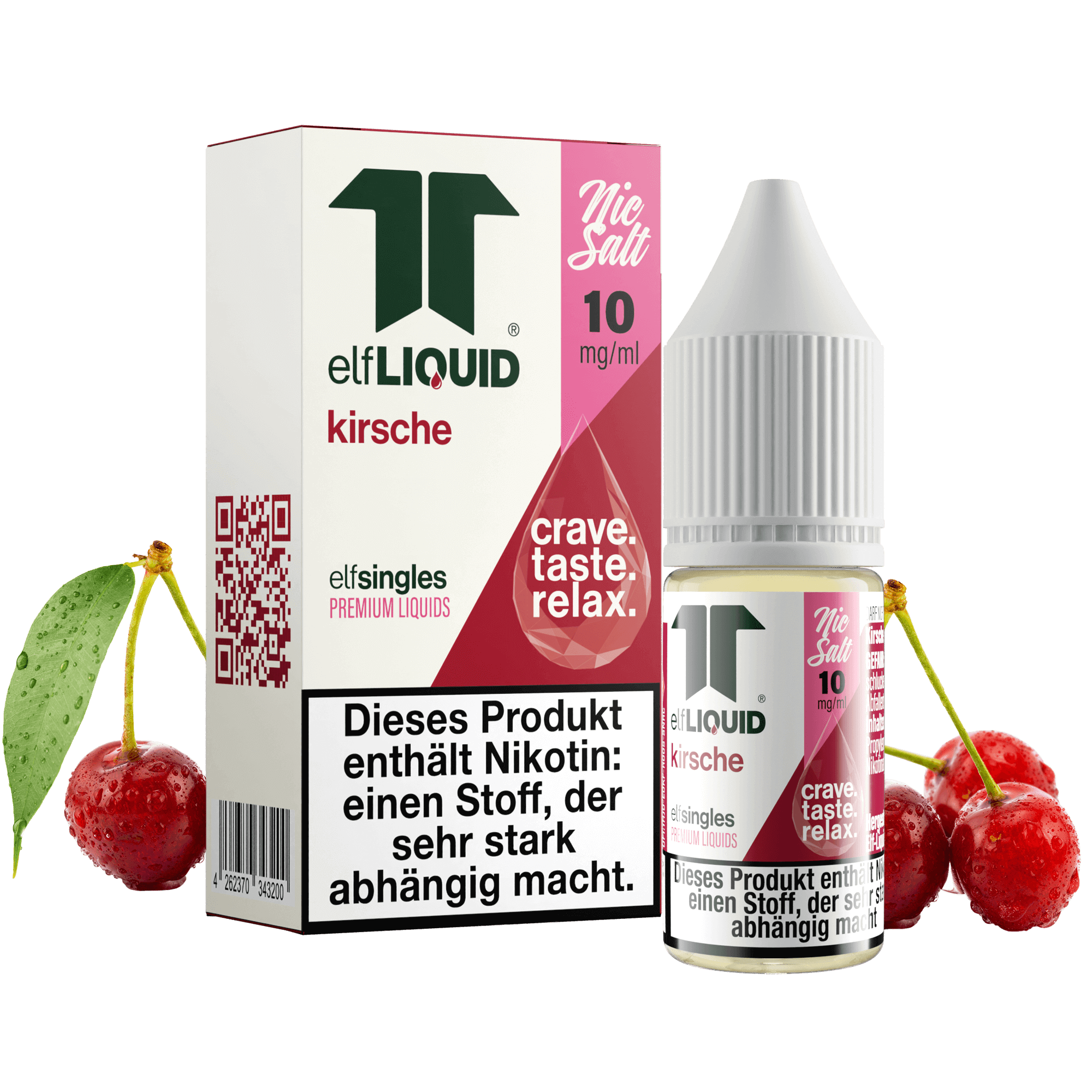 Elf-Liquid Nikotinsalz 10mg Kirsche 10ml Flasche mit Kirschen und Blatt