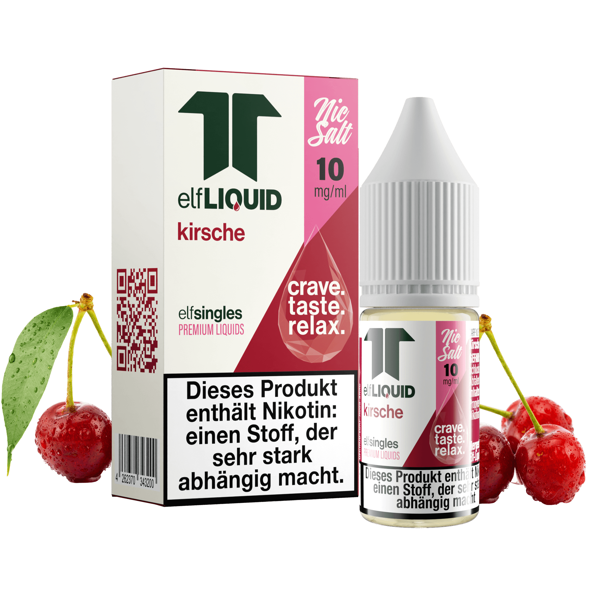 Elf-Liquid Nikotinsalz 10mg Kirsche 10ml Flasche mit Kirschen und Blatt