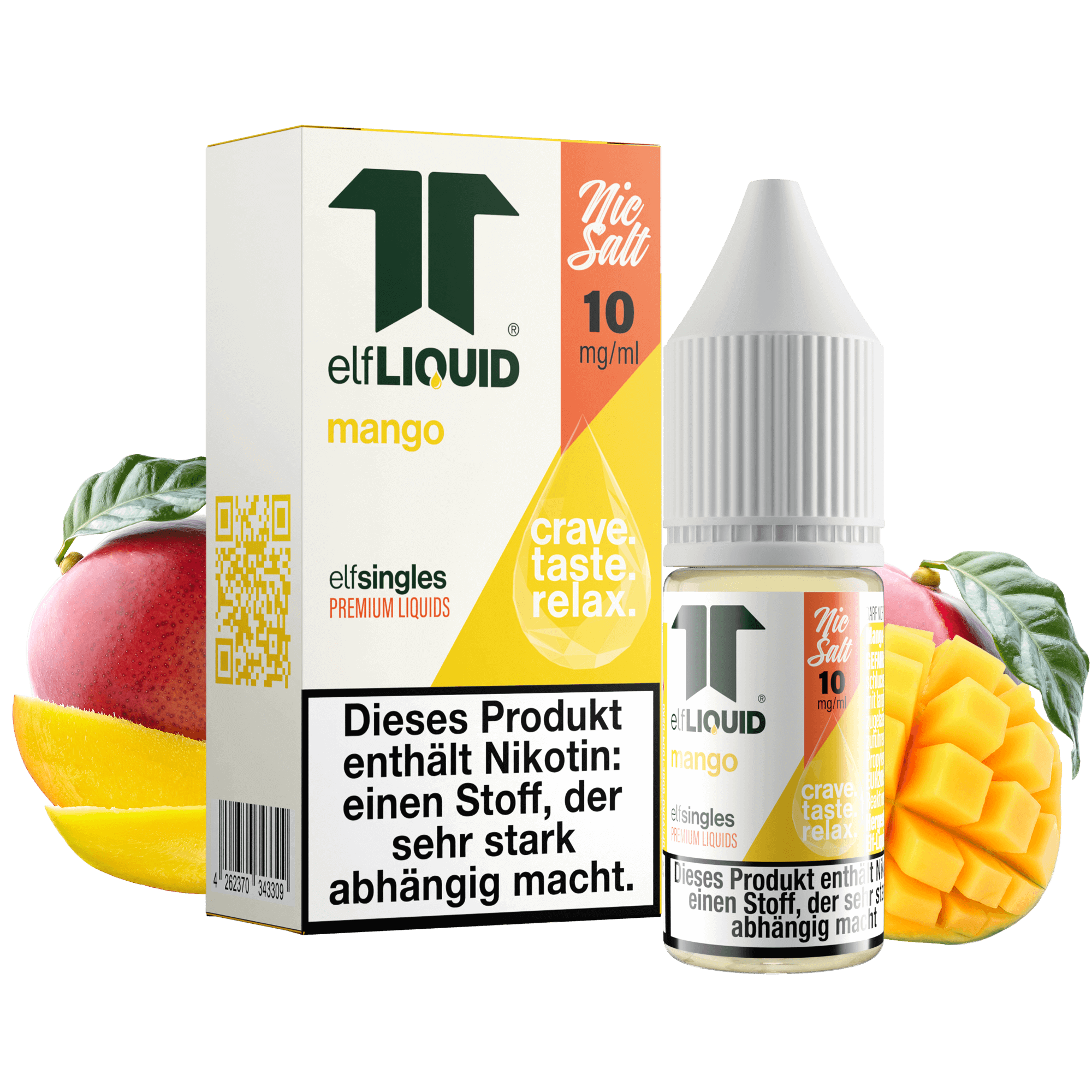 Elf-Liquid Nikotinsalz 10mg Mango 10ml Flasche mit Mango Bild im Hintergrund