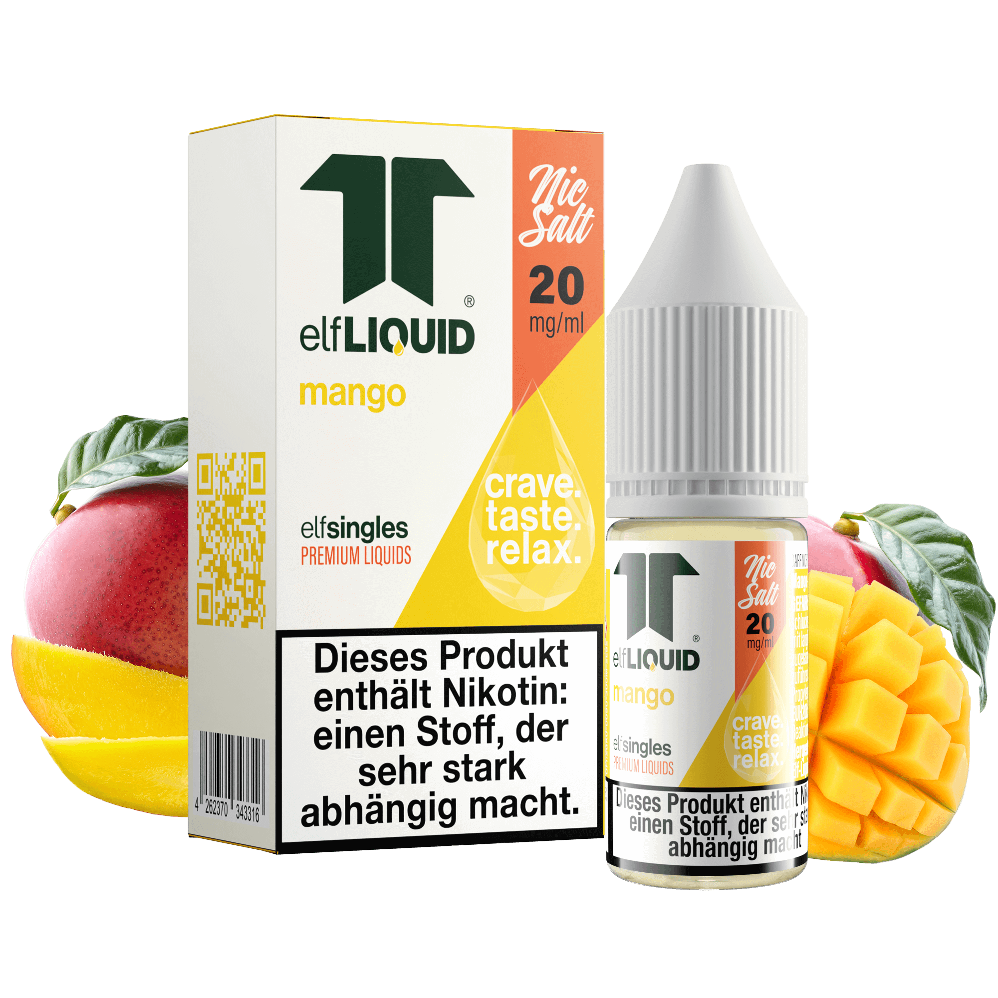 Elf-Liquid Nikotinsalz 20mg Mango 10ml Flasche mit Mango Bild im Hintergrund