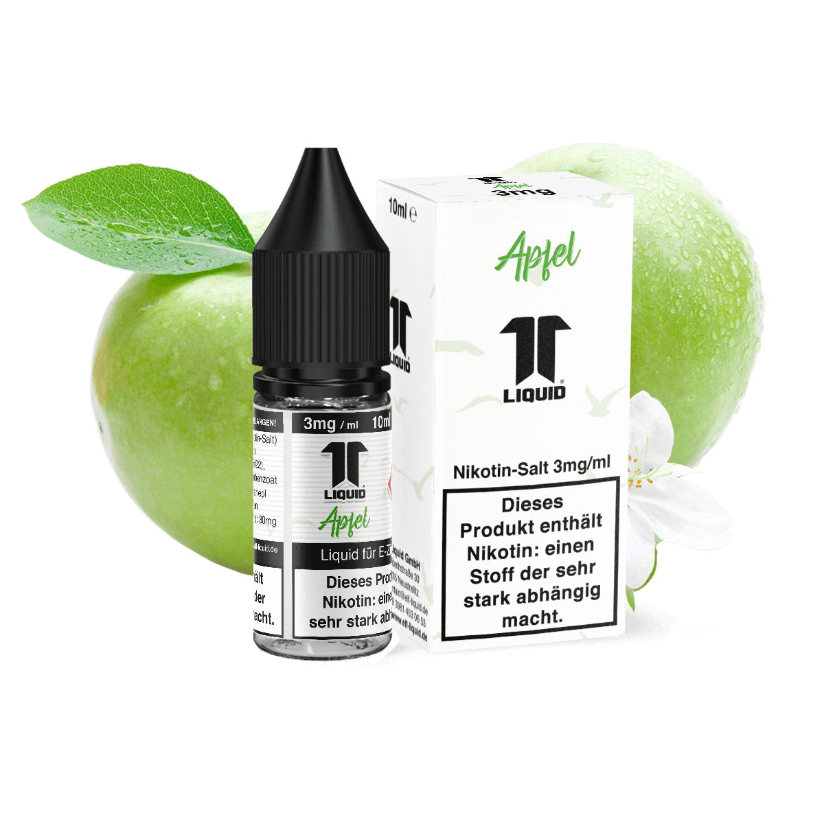 Elf-Liquid Nikotinsalz 3mg Apfel 10ml Flasche mit Apfel im Hintergrund