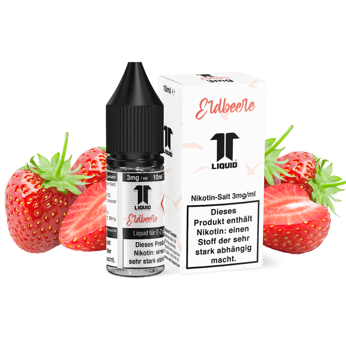 Elf-Liquid Nikotinsalz 3mg Erdbeere 10ml Flasche mit Erdbeeren im Hintergrund