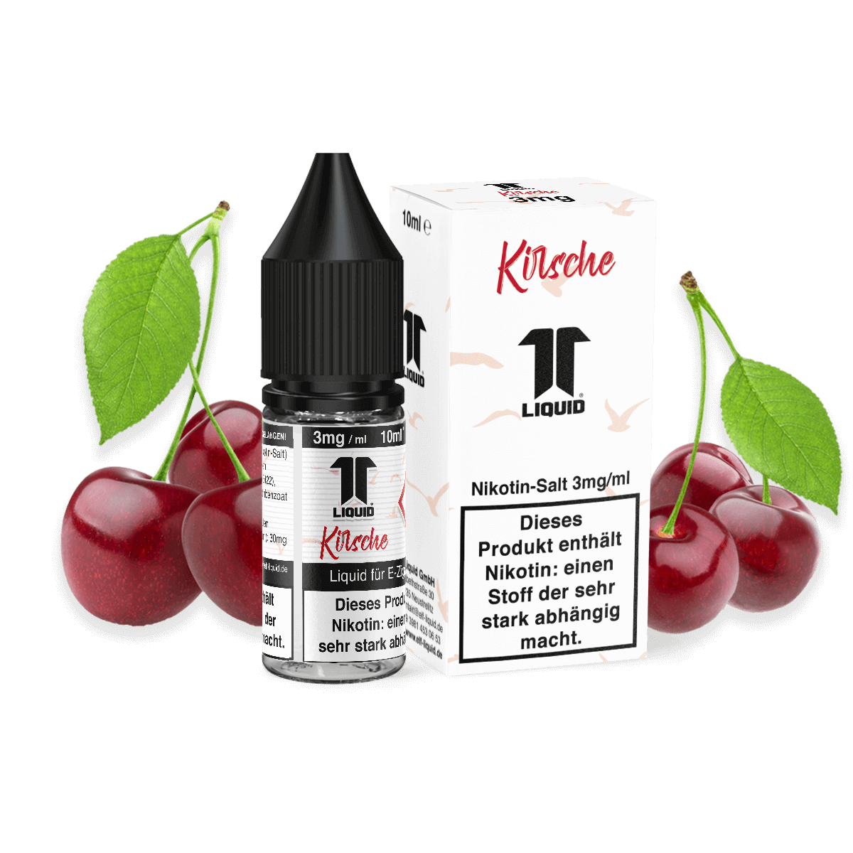Elf-Liquid Nikotinsalz 3mg Kirsche 10ml Flasche mit Kirschen und Blatt