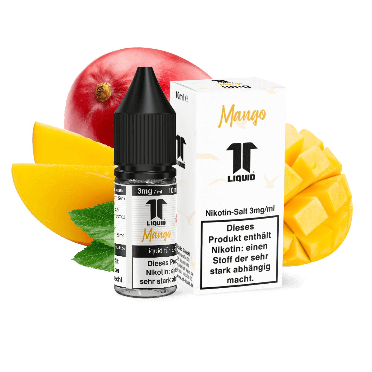 Elf-Liquid Nikotinsalz 3mg Mango 10ml Flasche mit Mango Bild im Hintergrund