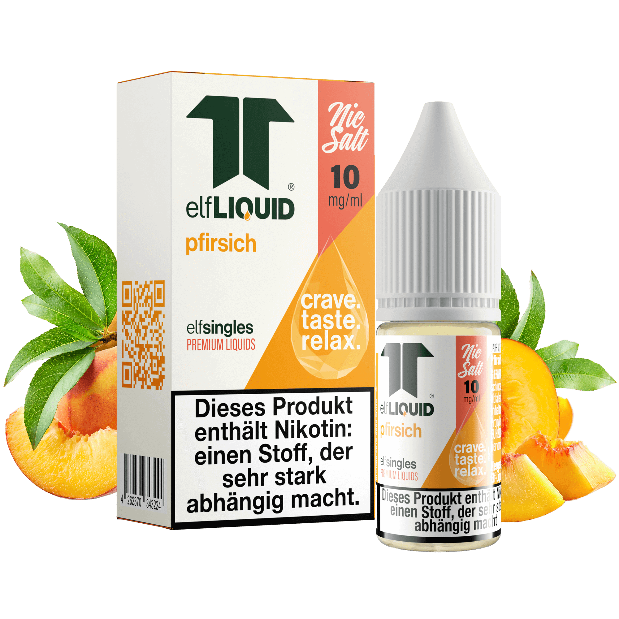 Elf-Liquid Nikotinsalz 10mg Pfirsich 10ml Flasche mit Pfirsichscheiben
