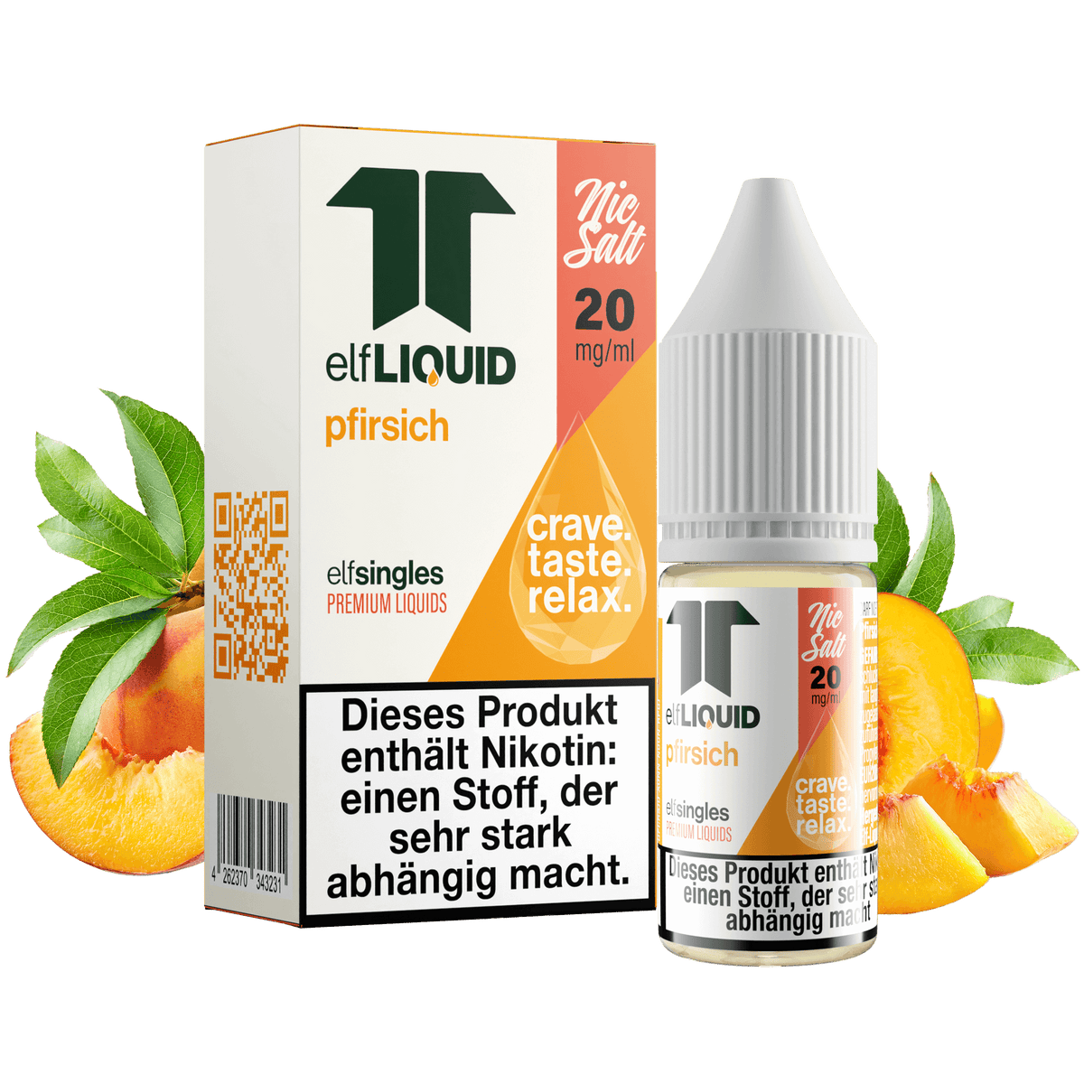 Elf-Liquid Nikotinsalz 20mg Pfirsich 10ml Flasche mit Pfirsichscheiben