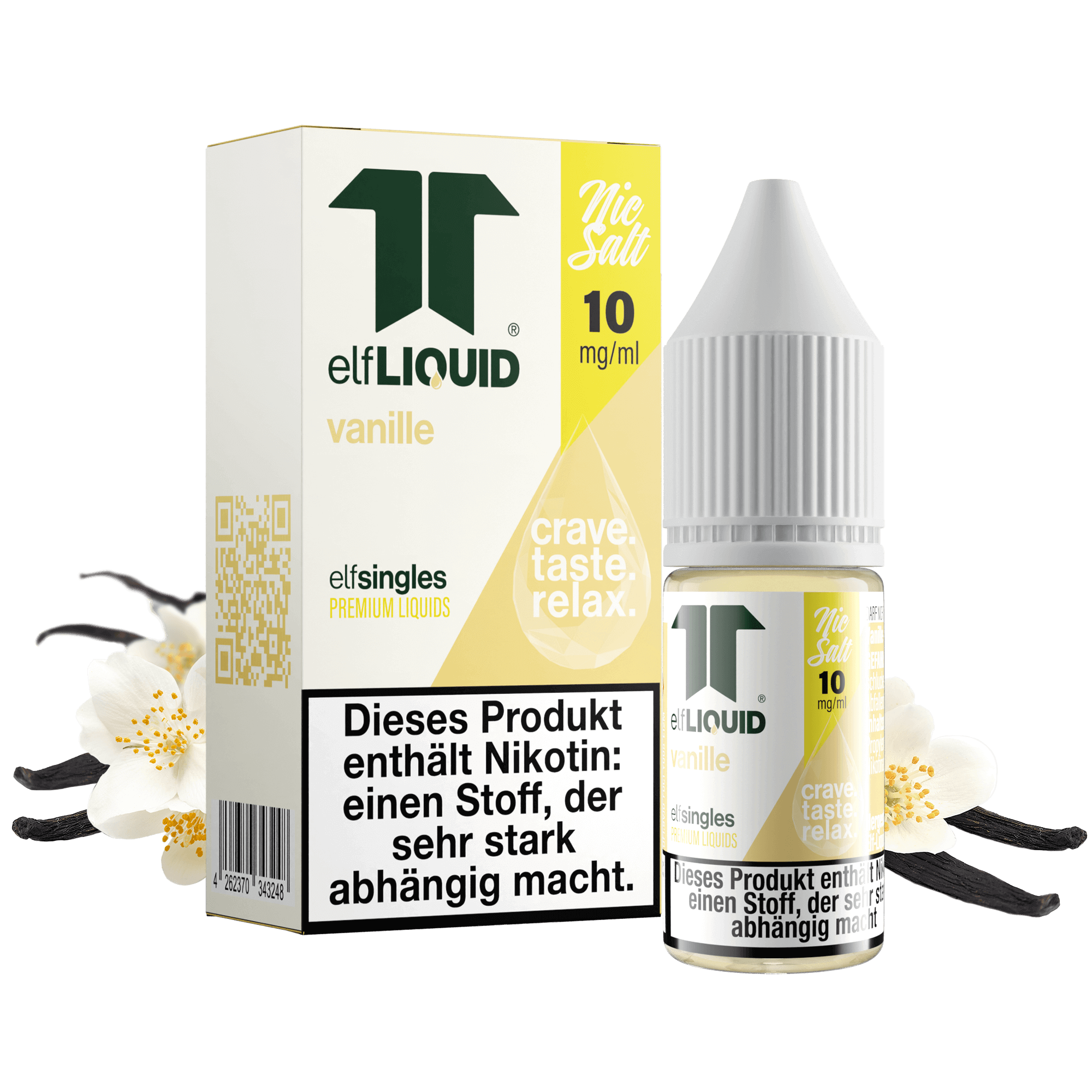 Elf-Liquid Nikotinsalz 10mg Vanille 10ml Flasche mit Vanilleschoten und Blüte
