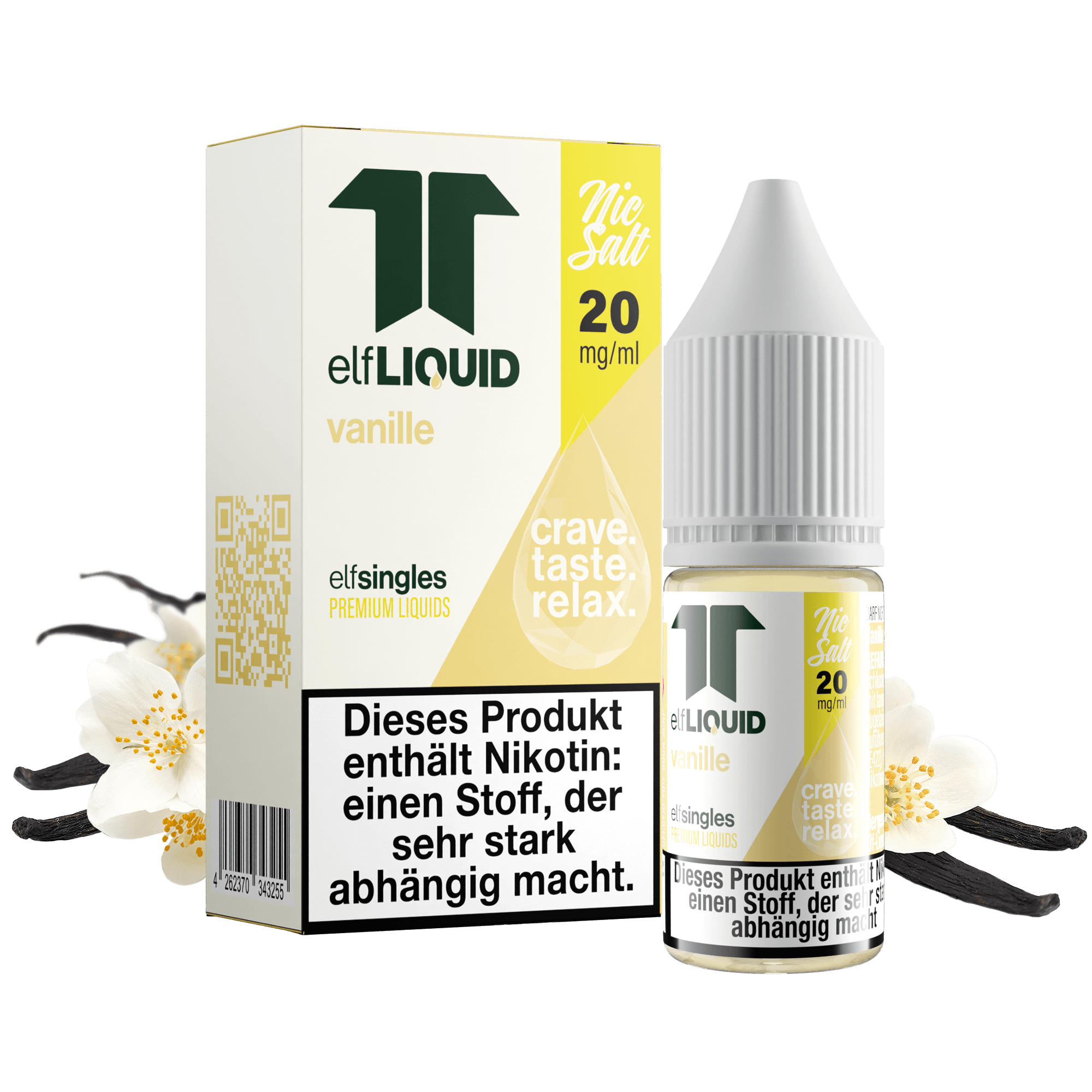 Elf-Liquid Nikotinsalz 20mg Vanille 10ml Flasche mit Vanilleschoten und Blüte