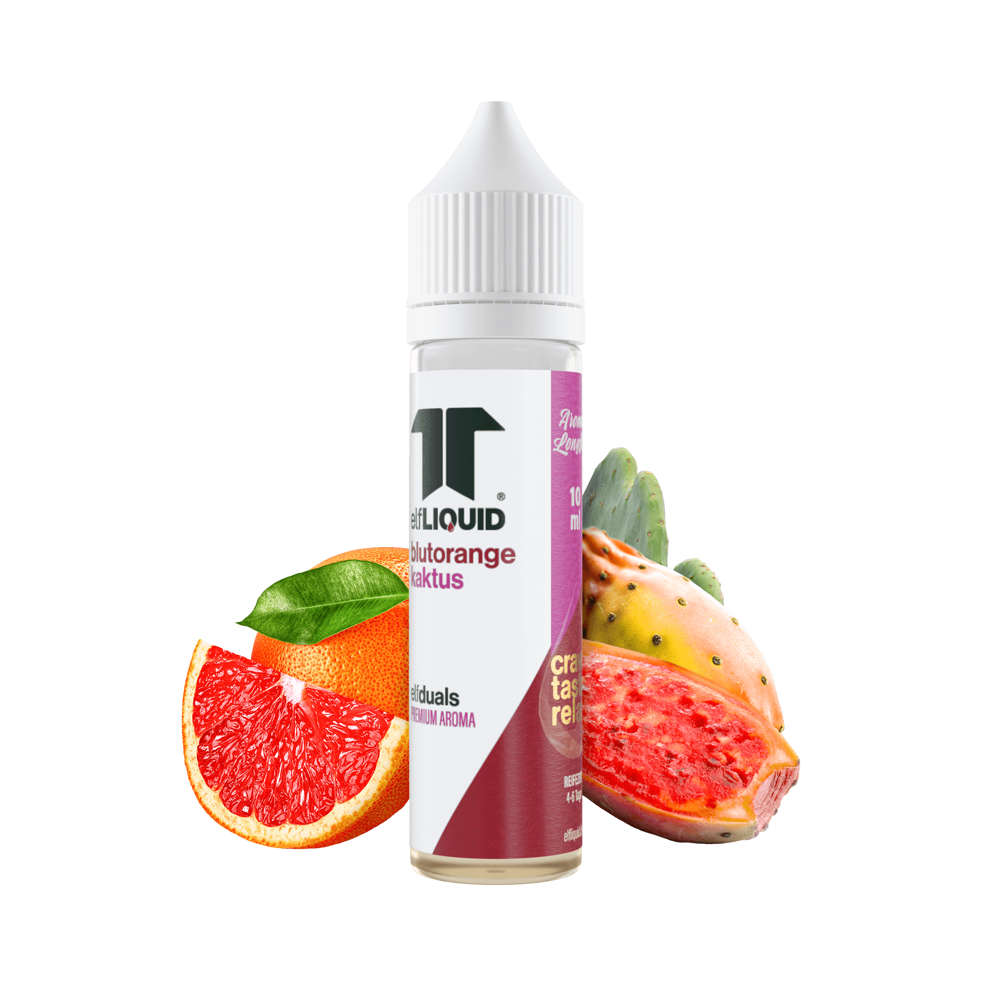 Elf-Liquid Longfill Aroma Kaktus-Blutorange 10ml – schräg von rechts mit Kaktus und Blutorange