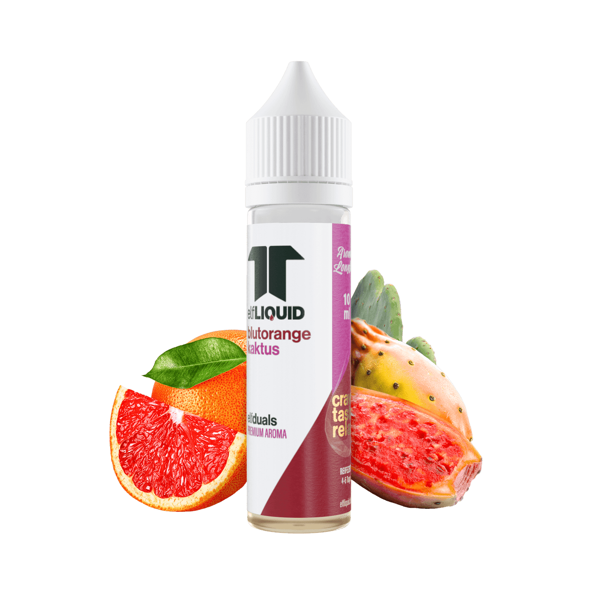 Elf-Liquid Longfill Aroma Kaktus-Blutorange 10ml – schräg von rechts mit Kaktus und Blutorange