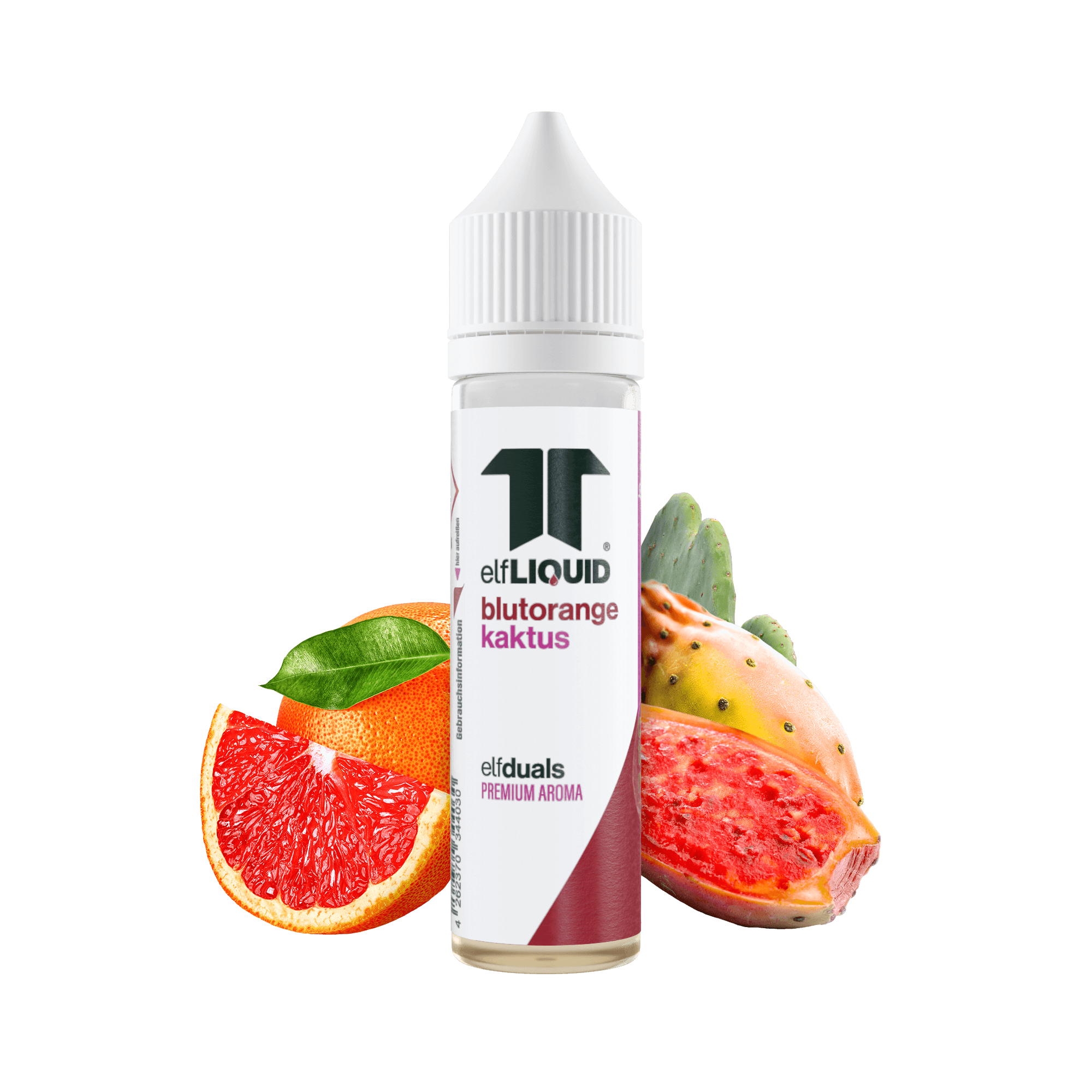 Elf-Liquid Longfill Aroma Kaktus-Blutorange 10ml Flasche – Frontansicht mit Kaktusfrucht und Blutorangenscheiben