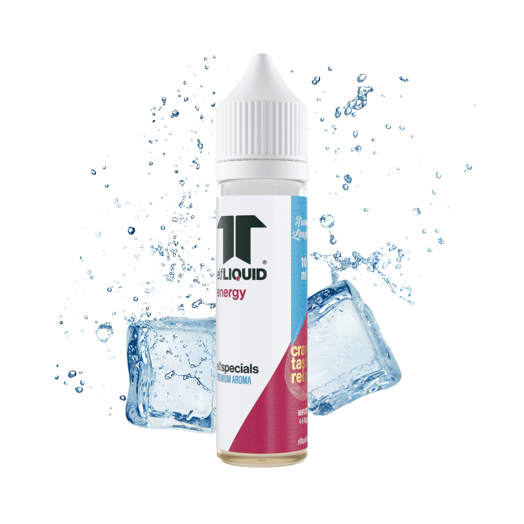 Elf-Liquid Longfill Aroma Energy 10ml in 60ml Flasche mit Eiswürfeln im Hintergrund von der Seite