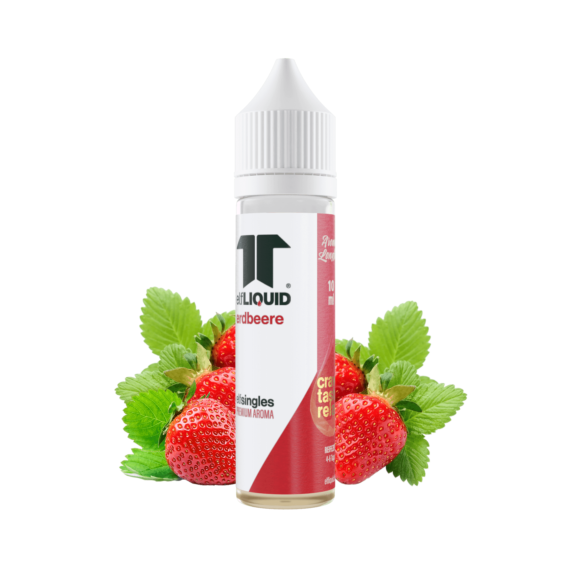 Elf-Liquid Longfill Aroma Erdbeere 10ml – schräg von rechts mit Erdbeerblättern