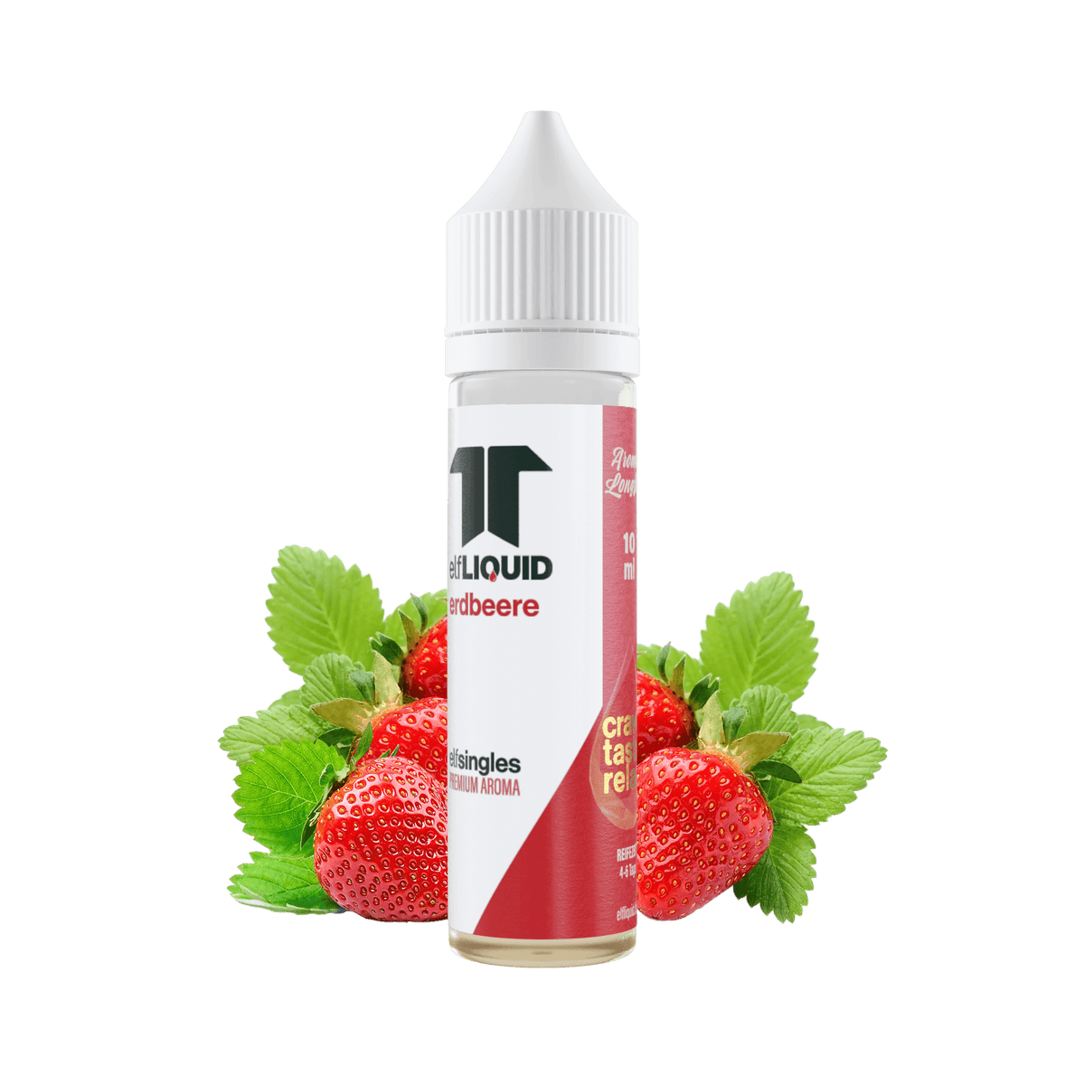 Elf-Liquid Longfill Aroma Erdbeere 10ml – schräg von rechts mit Erdbeerblättern