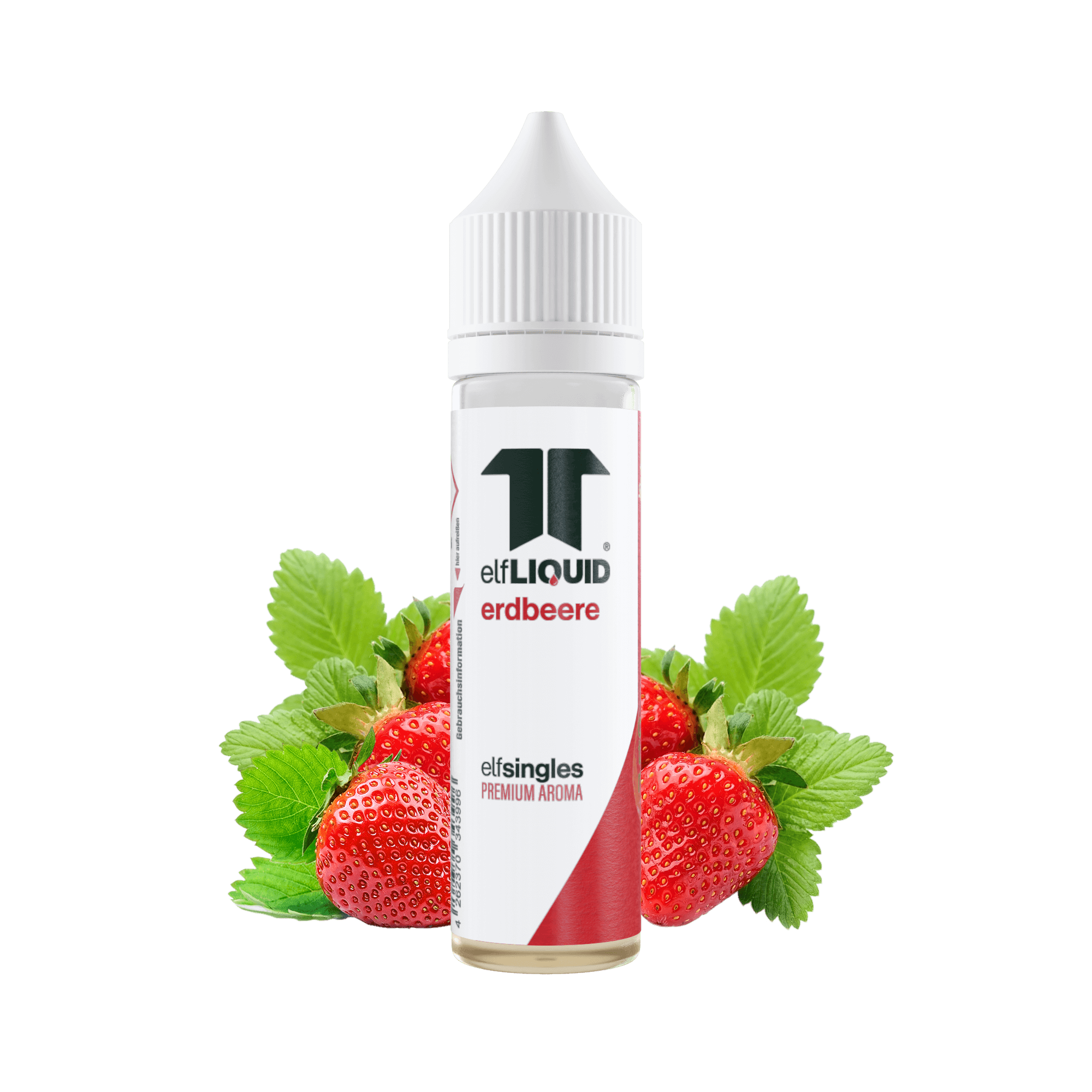 Elf-Liquid Longfill Aroma Erdbeere 10ml Flasche – Frontansicht mit Erdbeeren