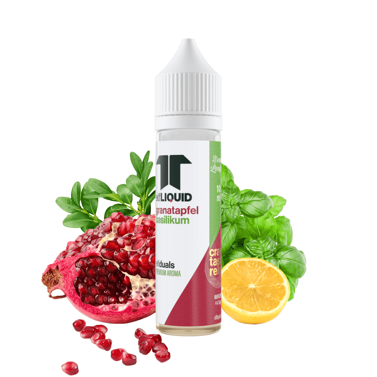 Elf-Liquid Longfill Aroma 10ml in 60ml Flasche Granatapfel-Basilikum mit Granatapfel und Basilikum im Hintergrund von der Seite