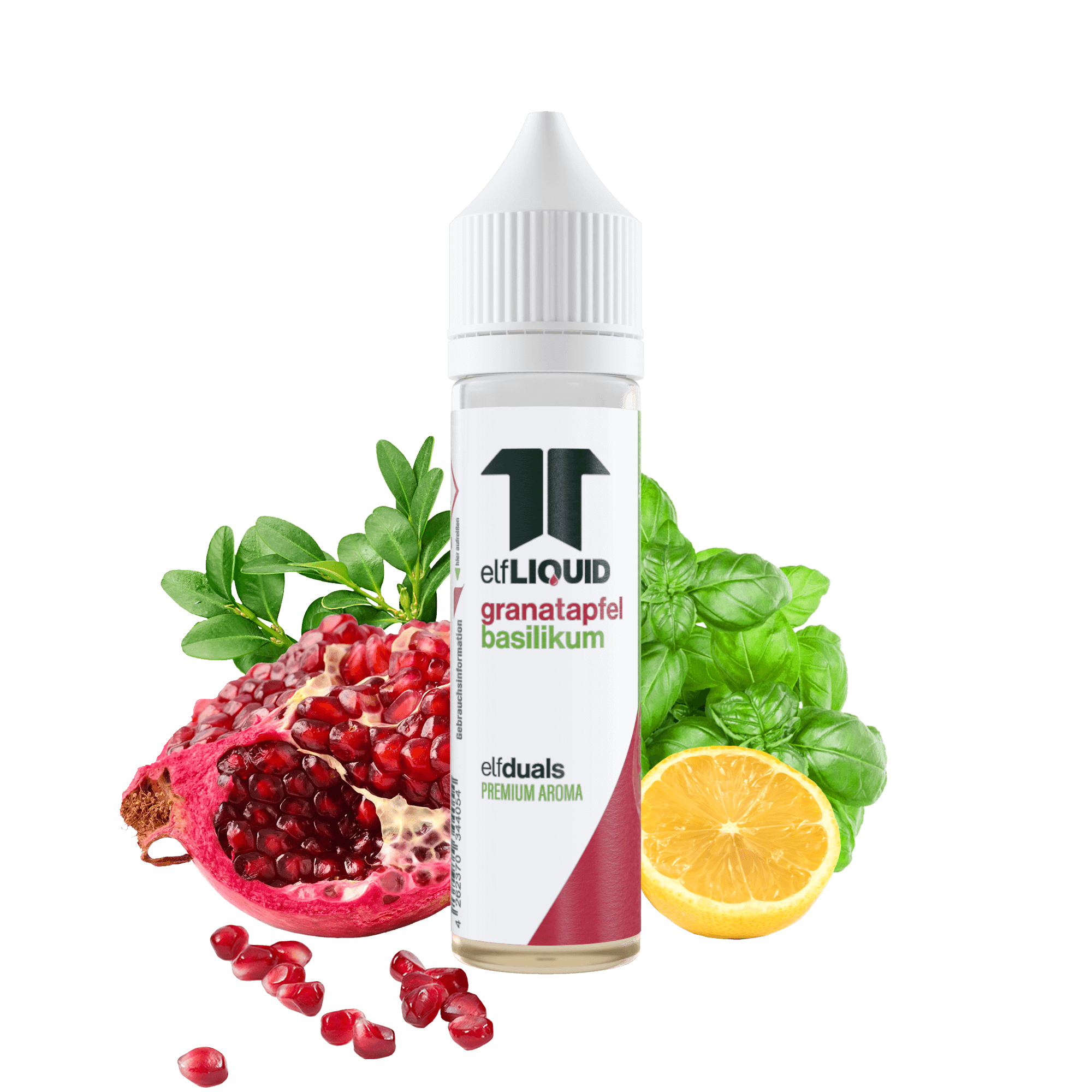 Elf-Liquid Longfill Aroma 10ml in 60ml Flasche Granatapfel-Basilikum mit Granatapfel und Basilikum im Hintergrund Frontalansicht