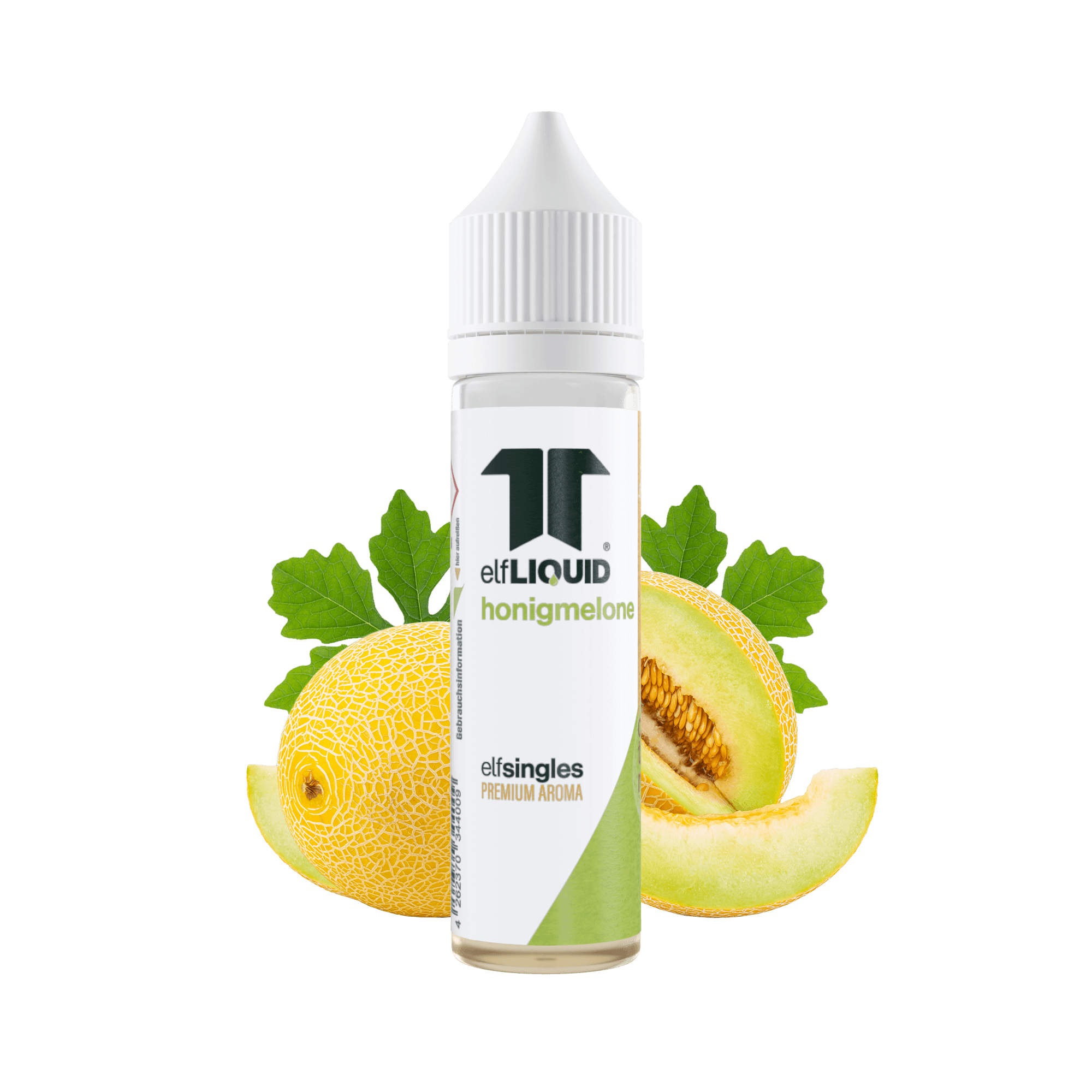 Elf-Liquid Longfill Aroma Honigmelone 10ml Flasche – Frontansicht mit Honigmelone im Hintergrund