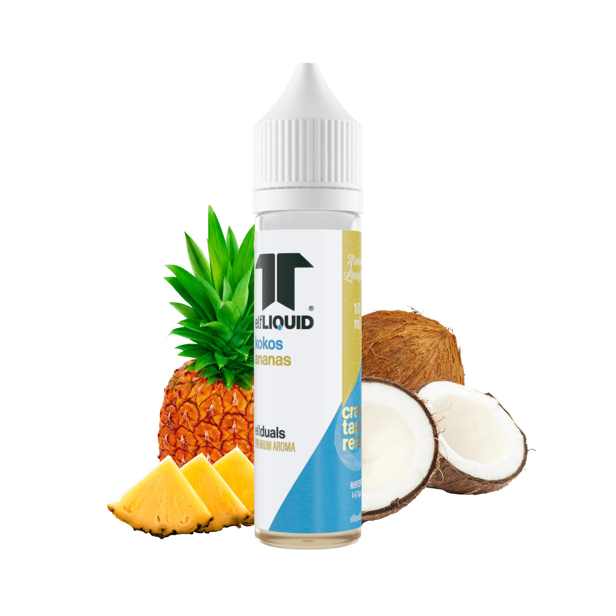 Elf-Liquid Longfill Aroma Kokos-Ananas 10ml – schräge Ansicht mit tropischen Früchten