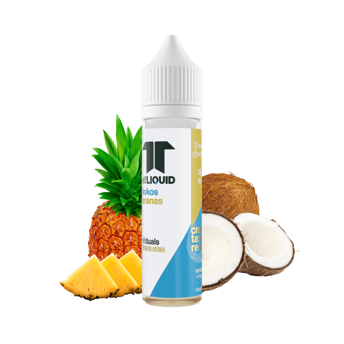 Elf-Liquid Longfill Aroma Kokos-Ananas 10ml – schräge Ansicht mit tropischen Früchten
