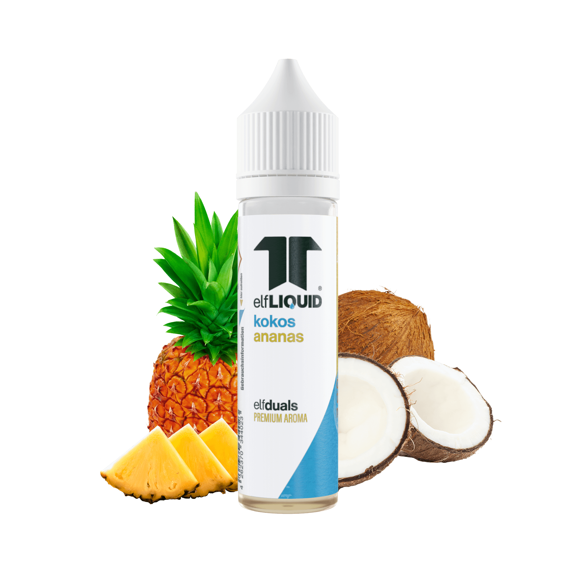 Elf-Liquid Longfill Aroma Kokos-Ananas 10ml Flasche – Frontansicht mit Kokosnuss und Ananasstücken