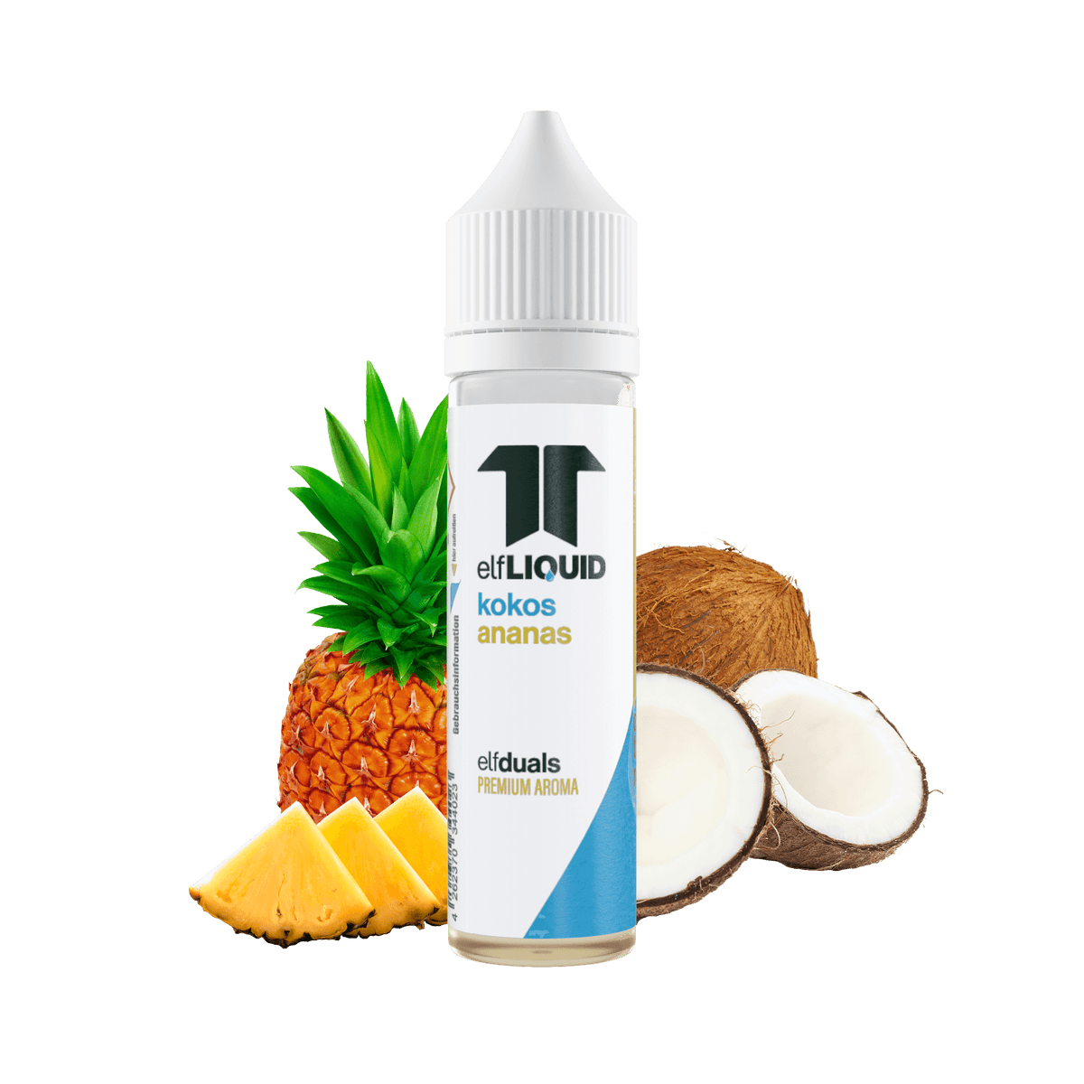 Elf-Liquid Longfill Aroma Kokos-Ananas 10ml Flasche – Frontansicht mit Kokosnuss und Ananasstücken