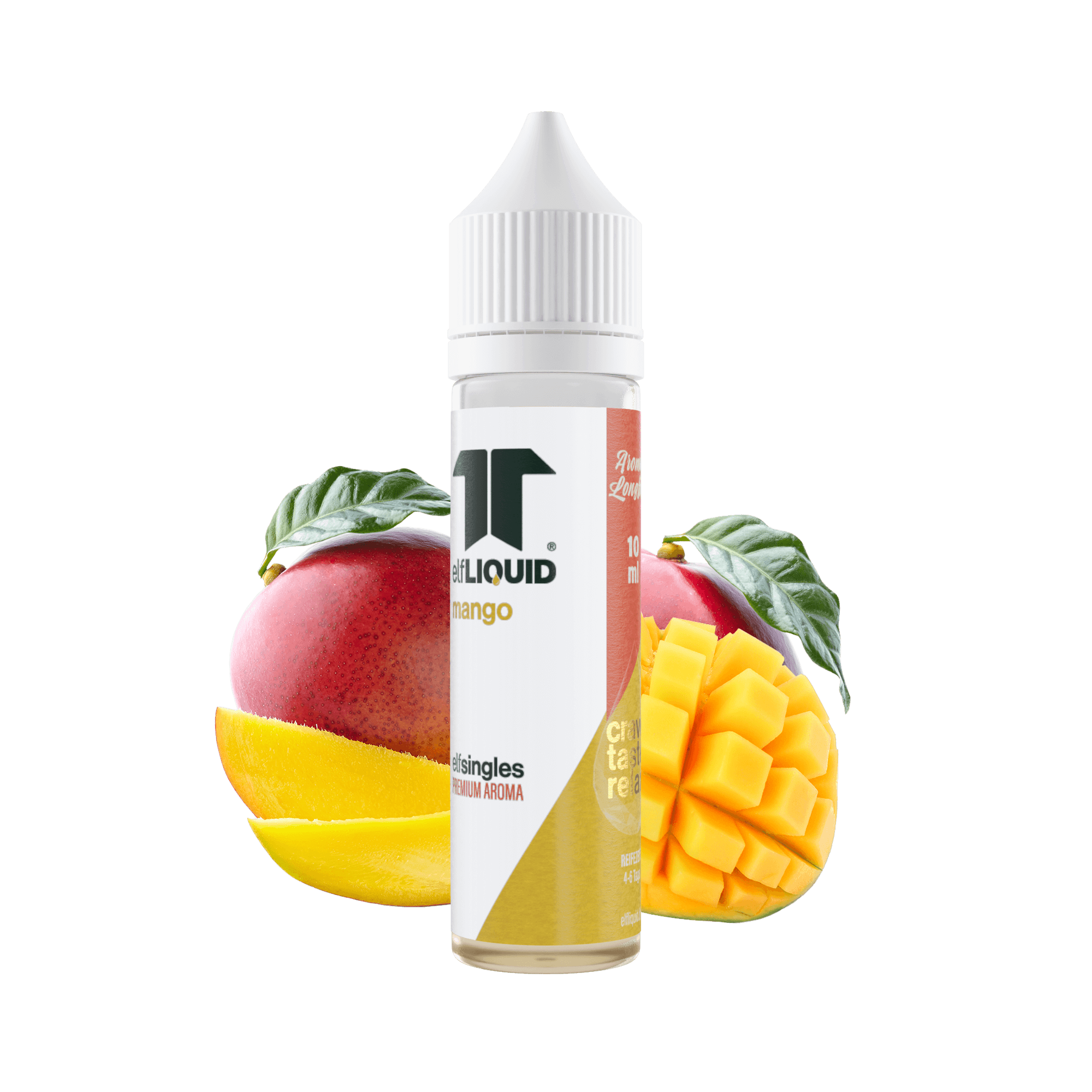 Elf-Liquid Longfill Aroma Mango 10ml – leicht schräg mit Mangohintergrund