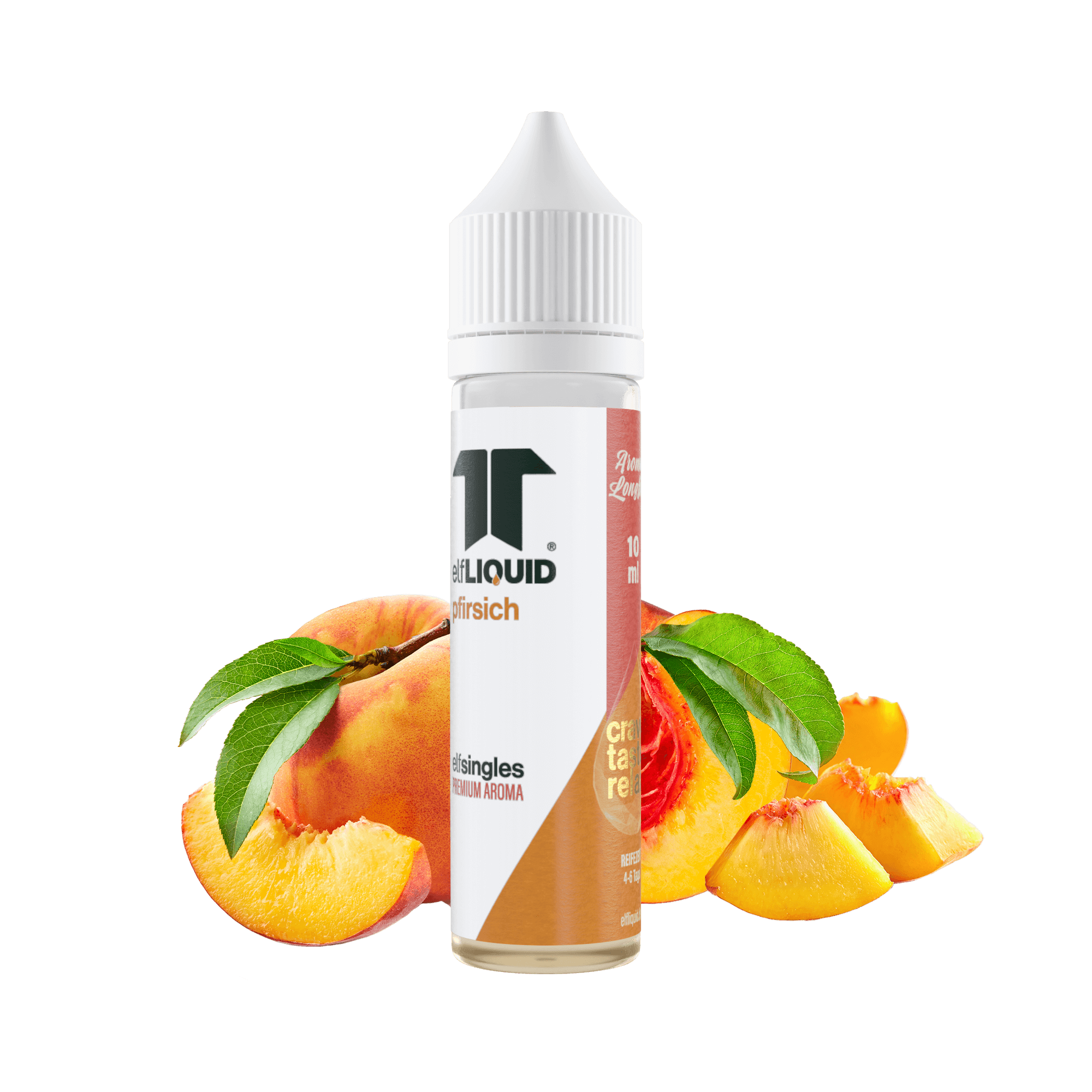 Elf-Liquid Longfill Aroma Pfirsich 10ml – schräg fotografiert mit Pfirsichhälften