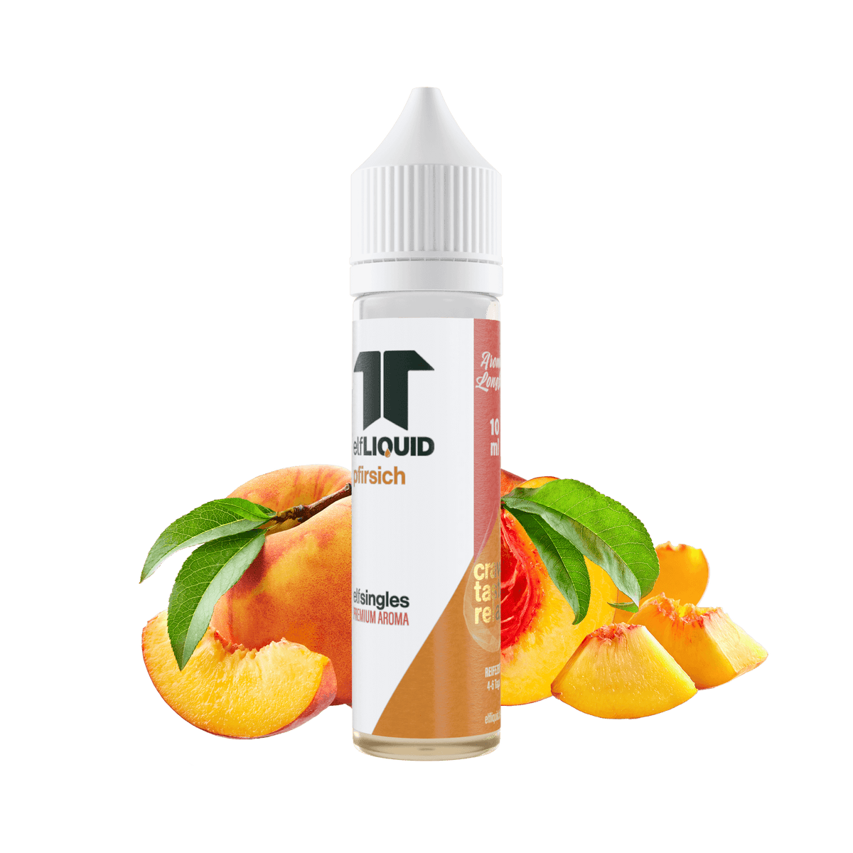 Elf-Liquid Longfill Aroma Pfirsich 10ml – schräg fotografiert mit Pfirsichhälften