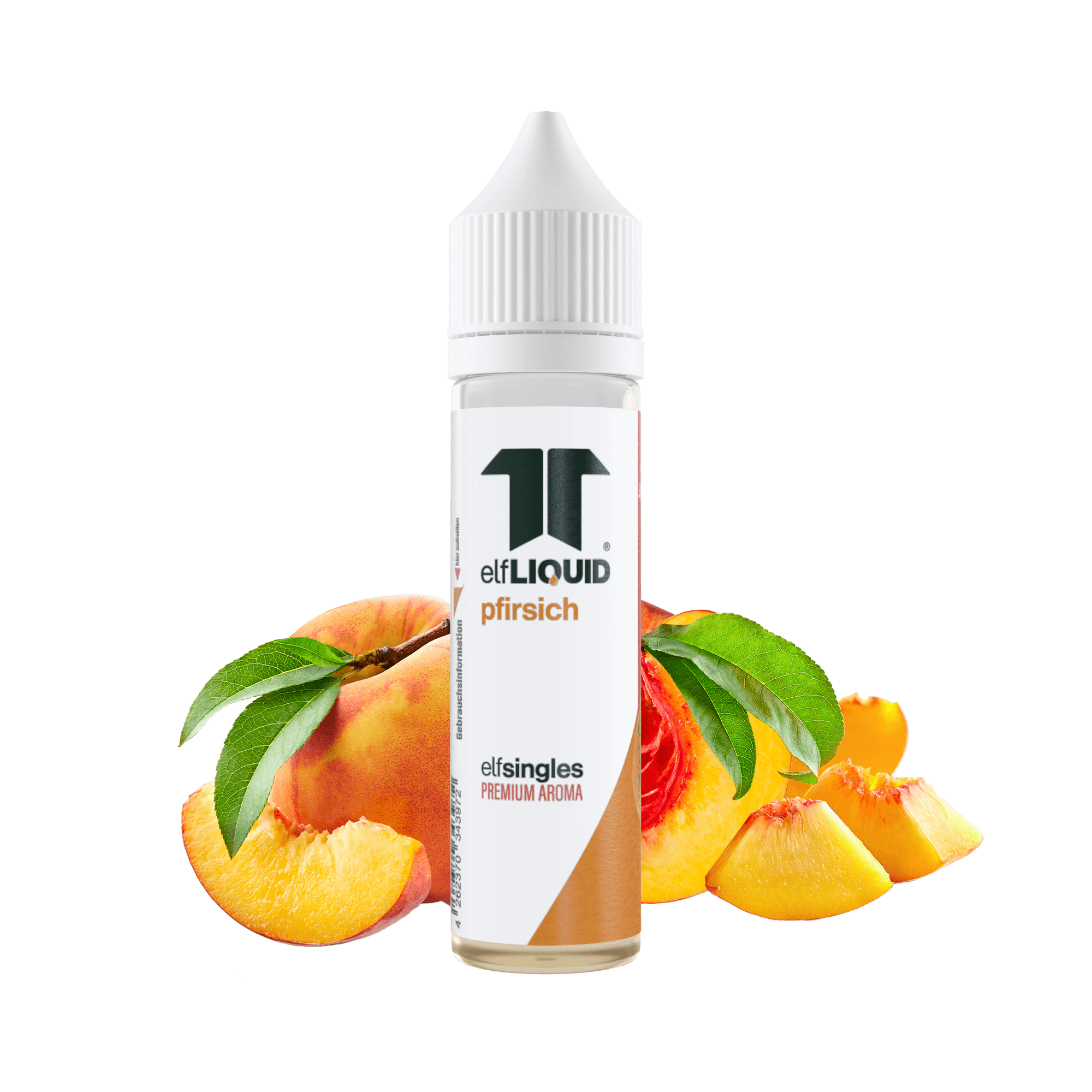 Elf-Liquid Longfill Aroma Pfirsich 10ml Flasche – Frontansicht mit saftigen Pfirsichen