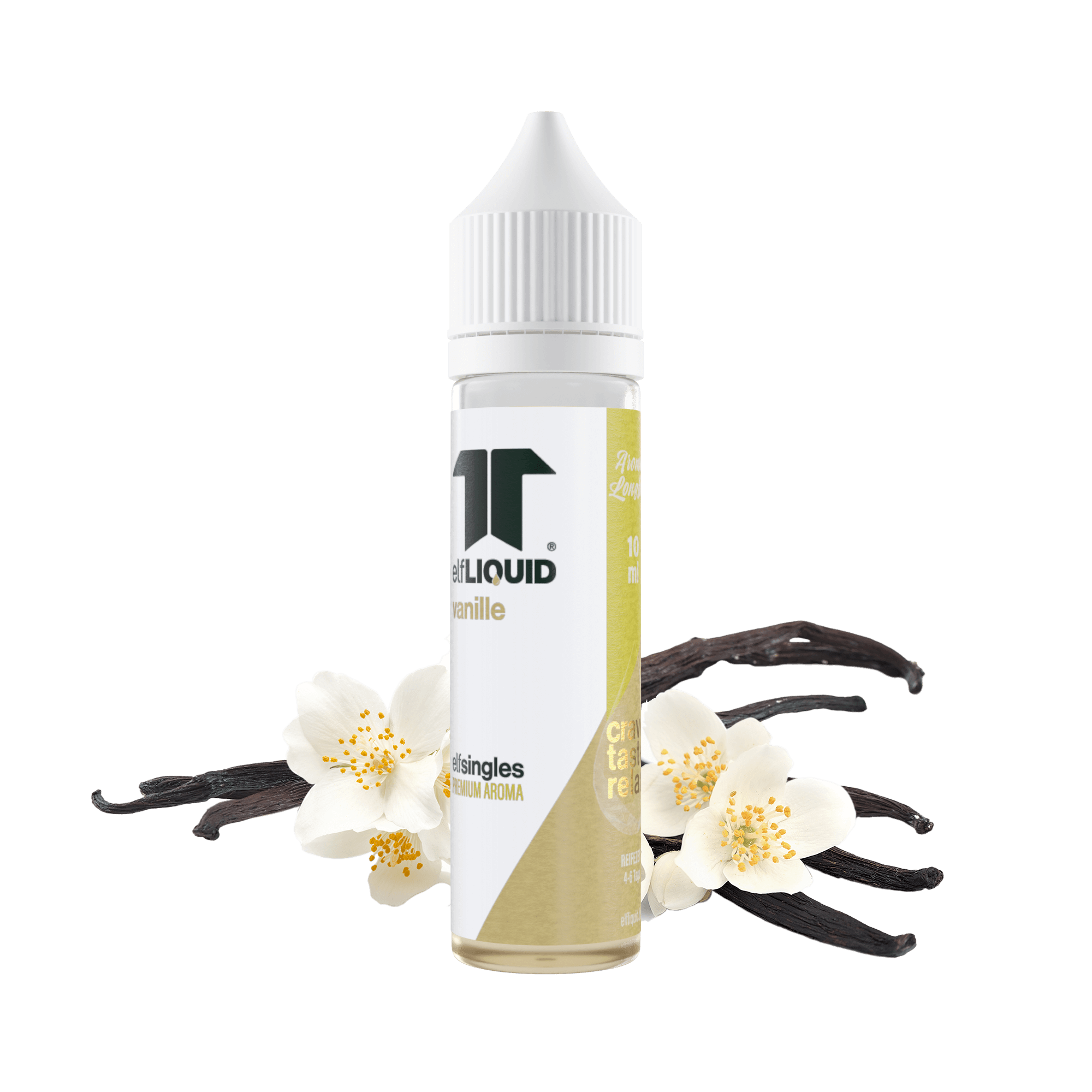 Elf-Liquid Longfill Aroma Vanille 10ml – schräge Ansicht mit Vanilleschote und Blüte