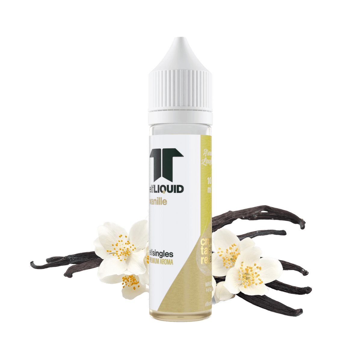 Elf-Liquid Longfill Aroma Vanille 10ml – schräge Ansicht mit Vanilleschote und Blüte