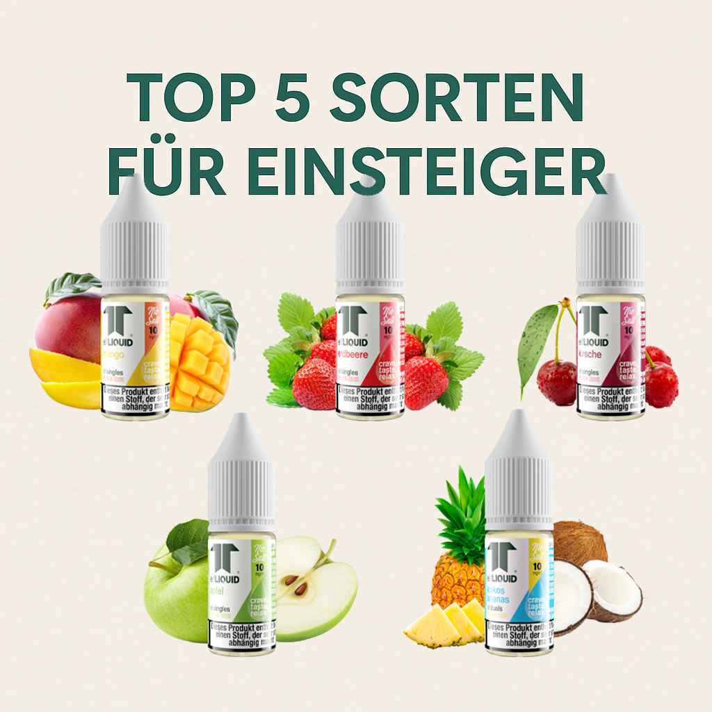 Top 5 E-Liquid Sorten für Einsteiger – Elf-Liquid Flaschen mit Fruchtgrafiken
