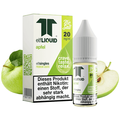 Elf-Liquid Nikotinsalz 10mg Apfel 10ml Flasche mit Apfel im Hintergrund