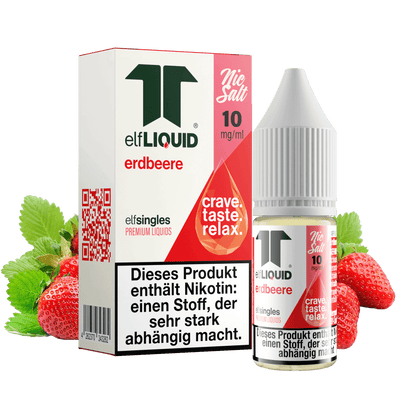 Elf-Liquid Nikotinsalz 10mg Erdbeere 10ml Flasche mit Erdbeeren im Hintergrund