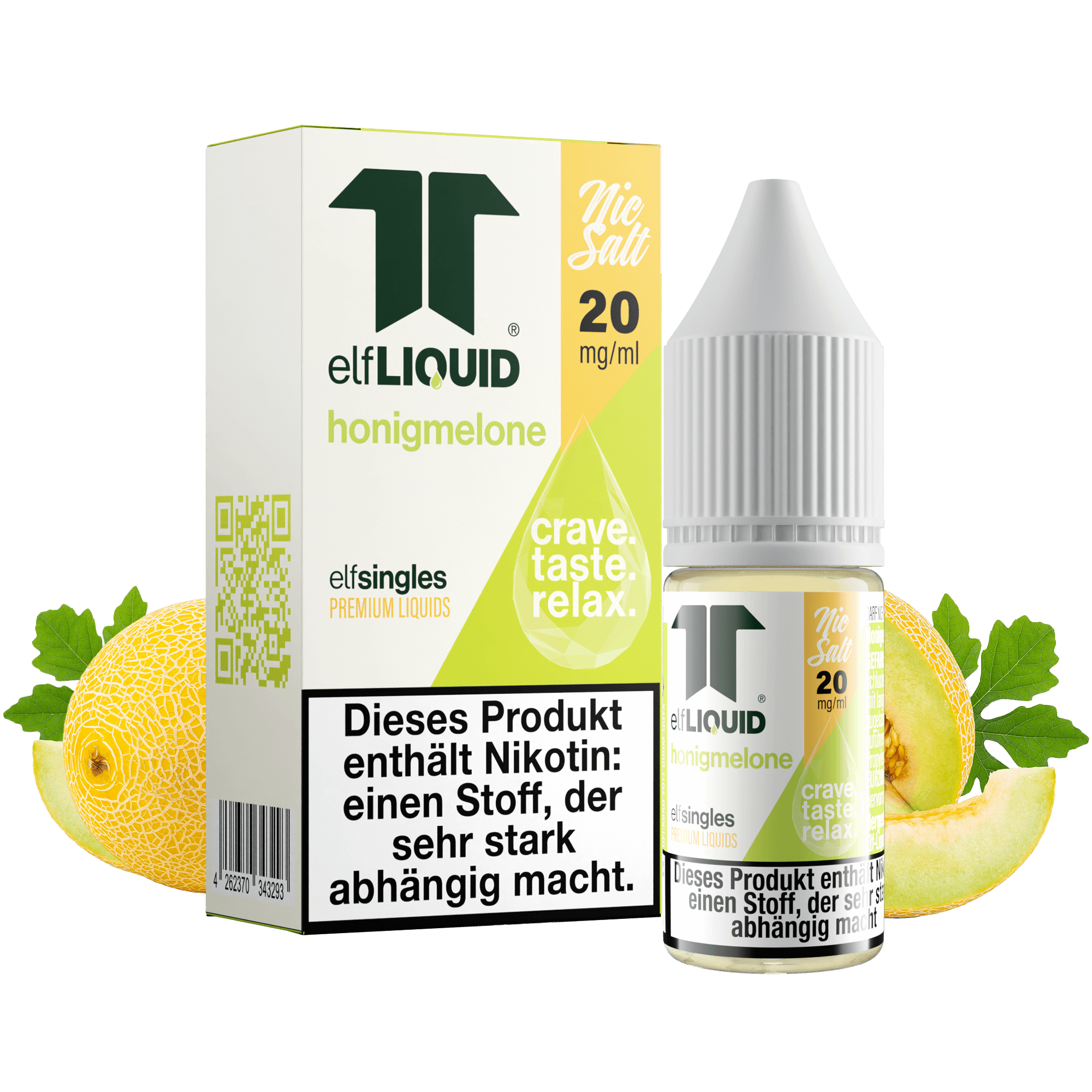 Elf-Liquid Nikotinsalz 20mg Honigmelone 10ml Flasche mit Melonenstücken