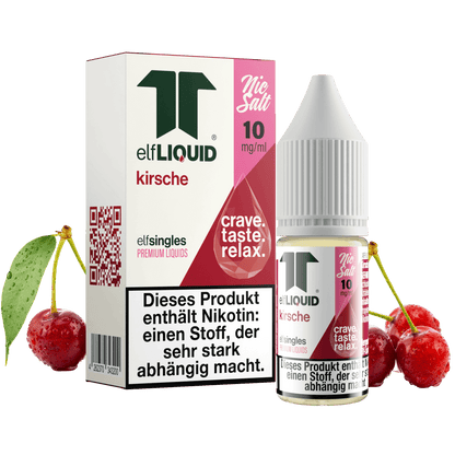 Elf-Liquid Nikotinsalz 10mg Kirsche 10ml Flasche mit Kirschen und Blatt