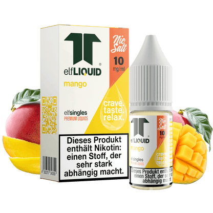 Elf-Liquid Nikotinsalz 10mg Mango 10ml Flasche mit Mango Bild im Hintergrund