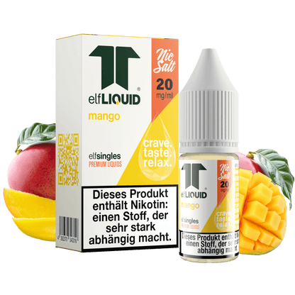 Elf-Liquid Nikotinsalz 20mg Mango 10ml Flasche mit Mango Bild im Hintergrund