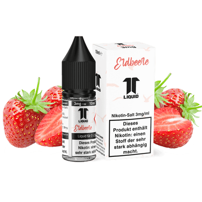 Elf-Liquid Nikotinsalz 3mg Erdbeere 10ml Flasche mit Erdbeeren im Hintergrund