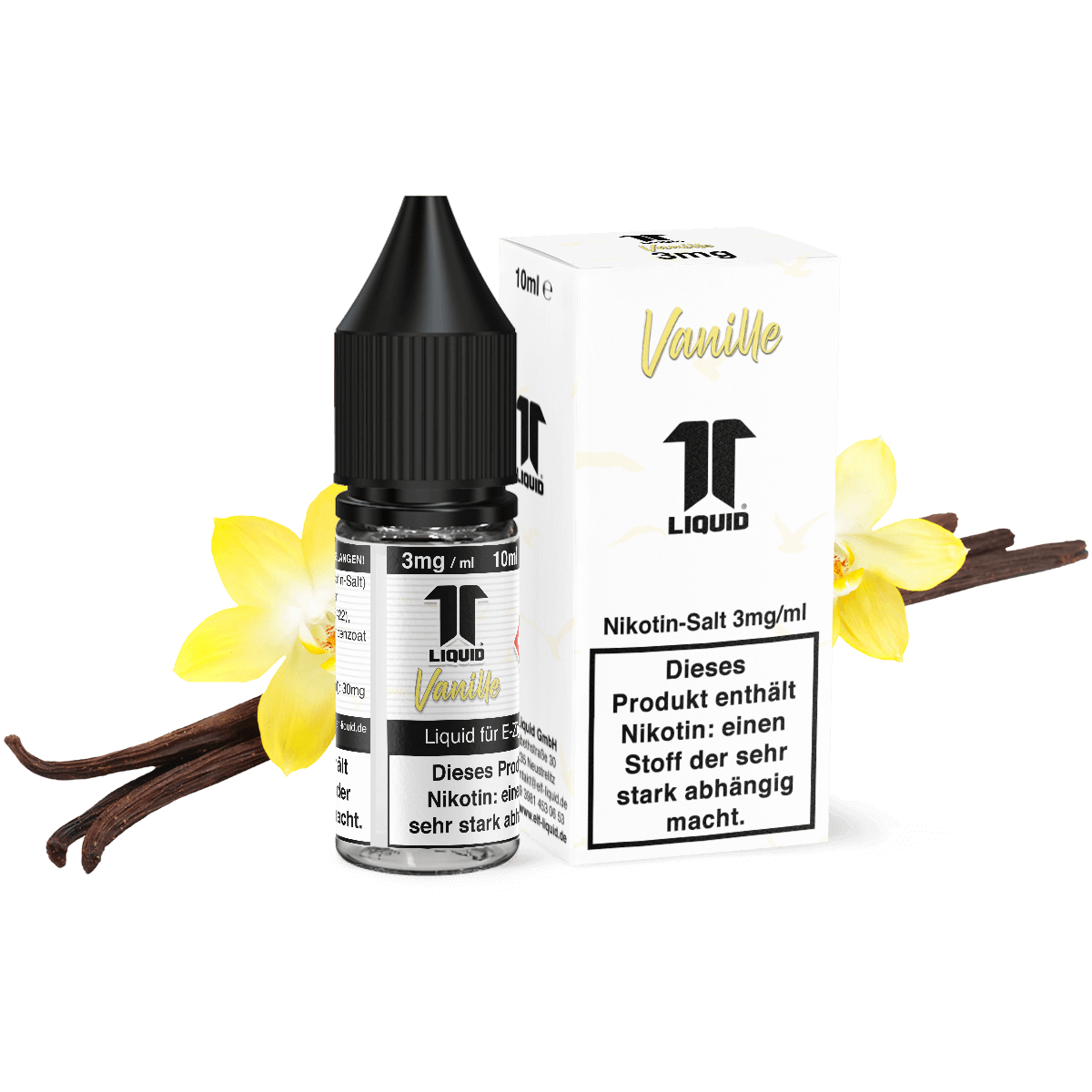 Elf-Liquid Nikotinsalz 3mg Vanille 10ml Flasche mit Vanilleschoten und Blüte
